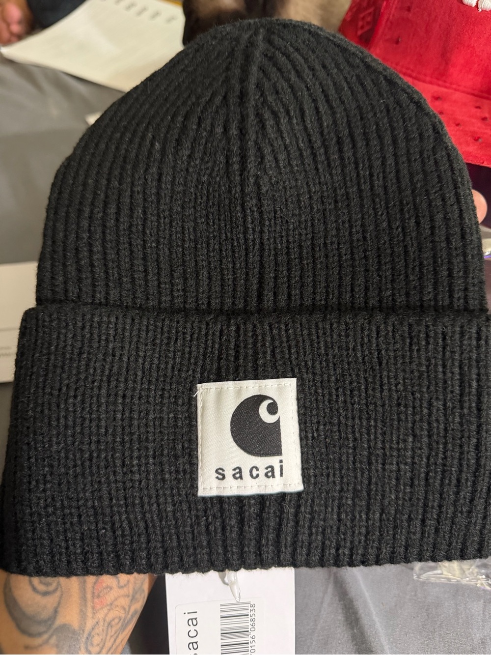Sacai Black Ribbed Knit Beanie with Logo Patch